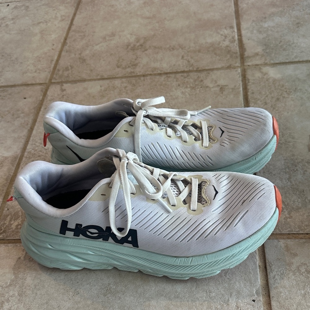 Hoka White and Light Green Athletic Shoes